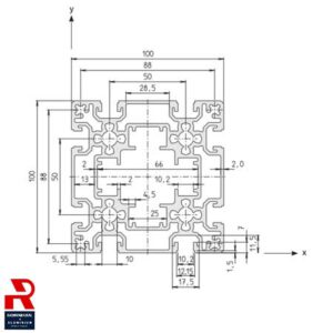 Aluminium-Strangpressprofil 100×100 1 Aluminium-Strangpressprofil 100×100